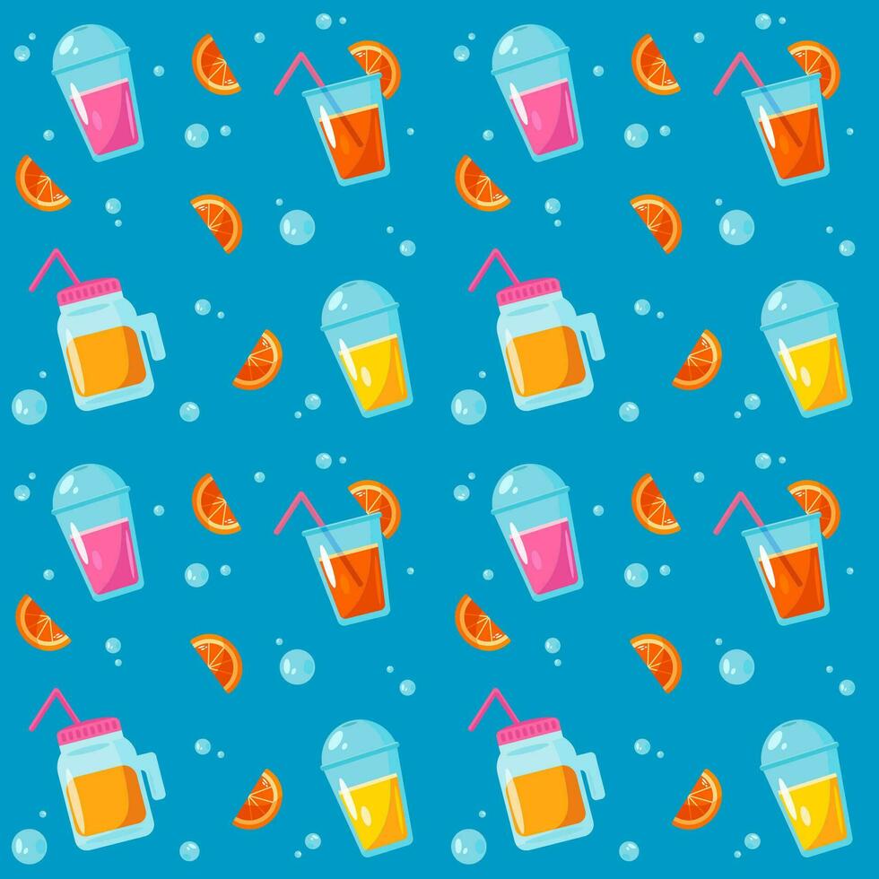 Seamless pattern with different fresh cocktails and orange vector
