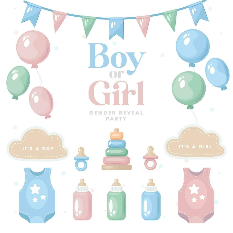 Baby shower party elements set. Gender reveal party vector