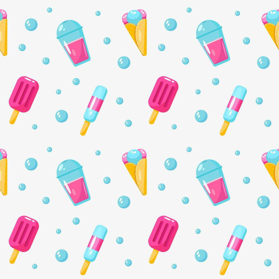 Summer seamless pattern with ice cream, cocktail, babbles vector