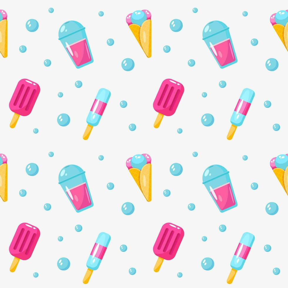 Summer seamless pattern with ice cream, cocktail, babbles vector