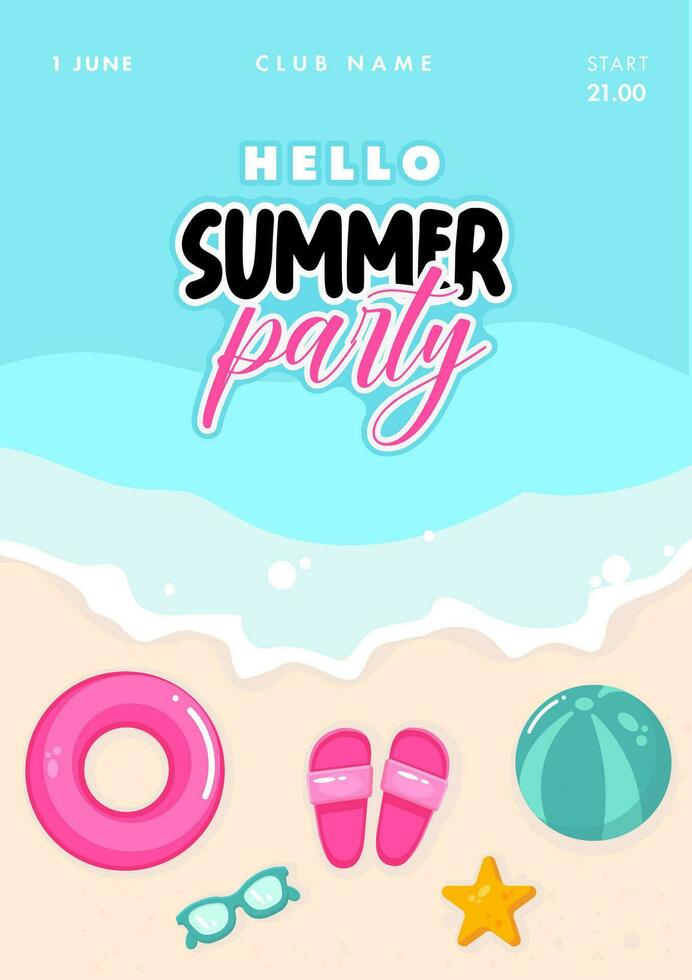 Hello summer party flyer with sea, ball, sunglasses vector