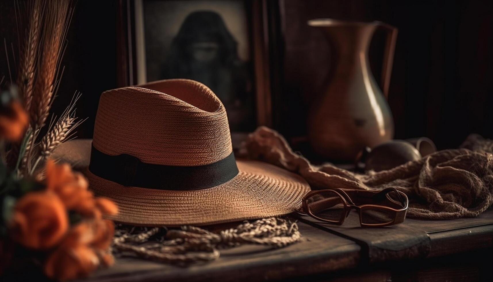 rústico Paja sombrero agrega elegancia a verano vacaciones generado por ai foto