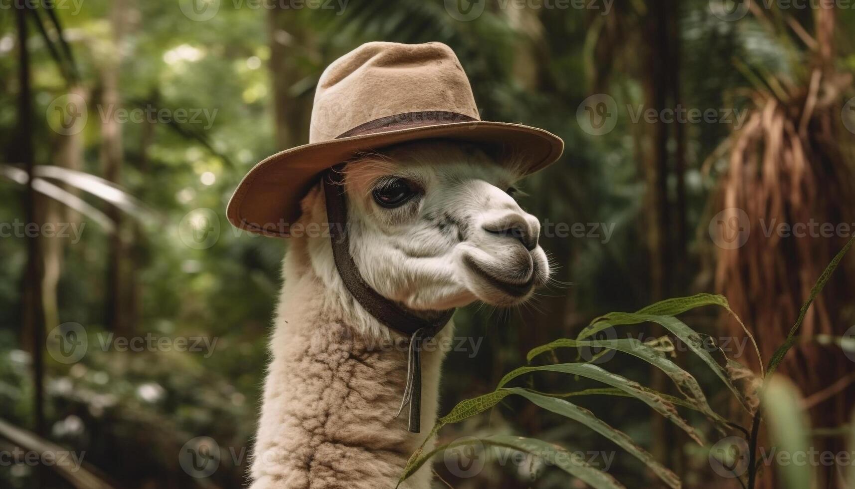 Cute alpaca smiling, looking at camera in rural scene generated by AI photo
