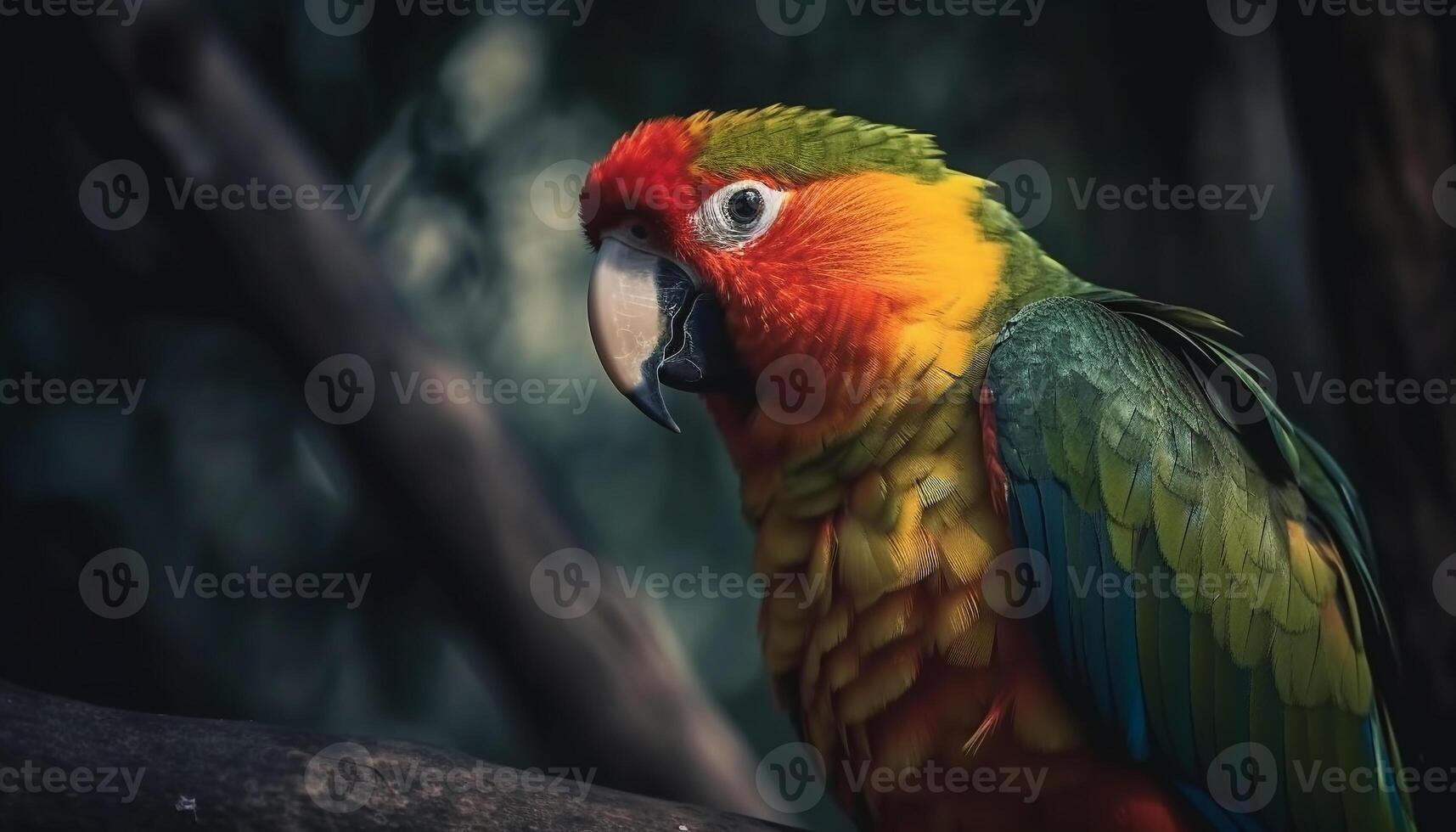 The scarlet macaw perches on a branch generated by AI photo