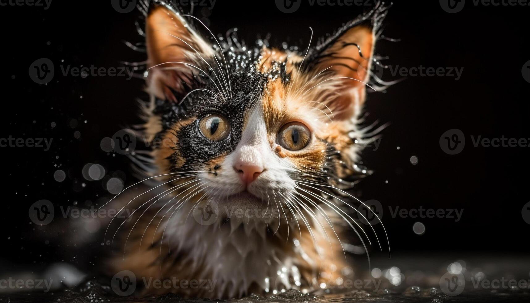 Fluffy kitten stares, wet fur, curious whiskers generated by AI photo