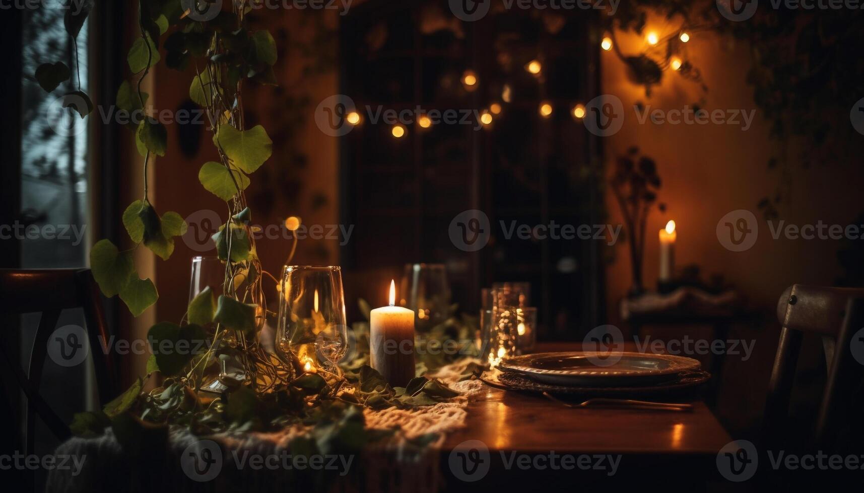 The candle flame illuminates the cozy table generated by AI photo