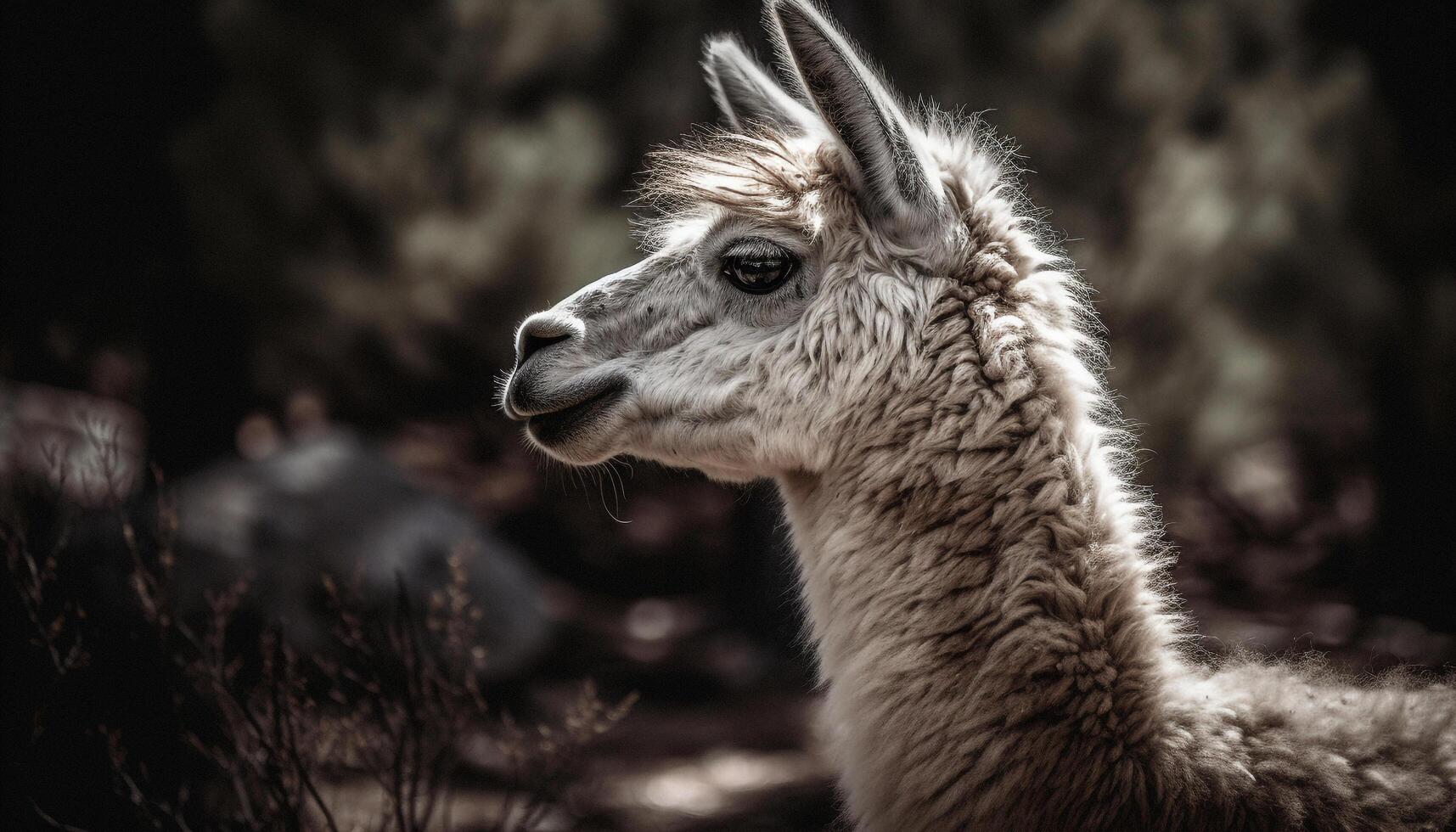 Cute alpaca grazing in meadow, fluffy fleece generated by AI photo