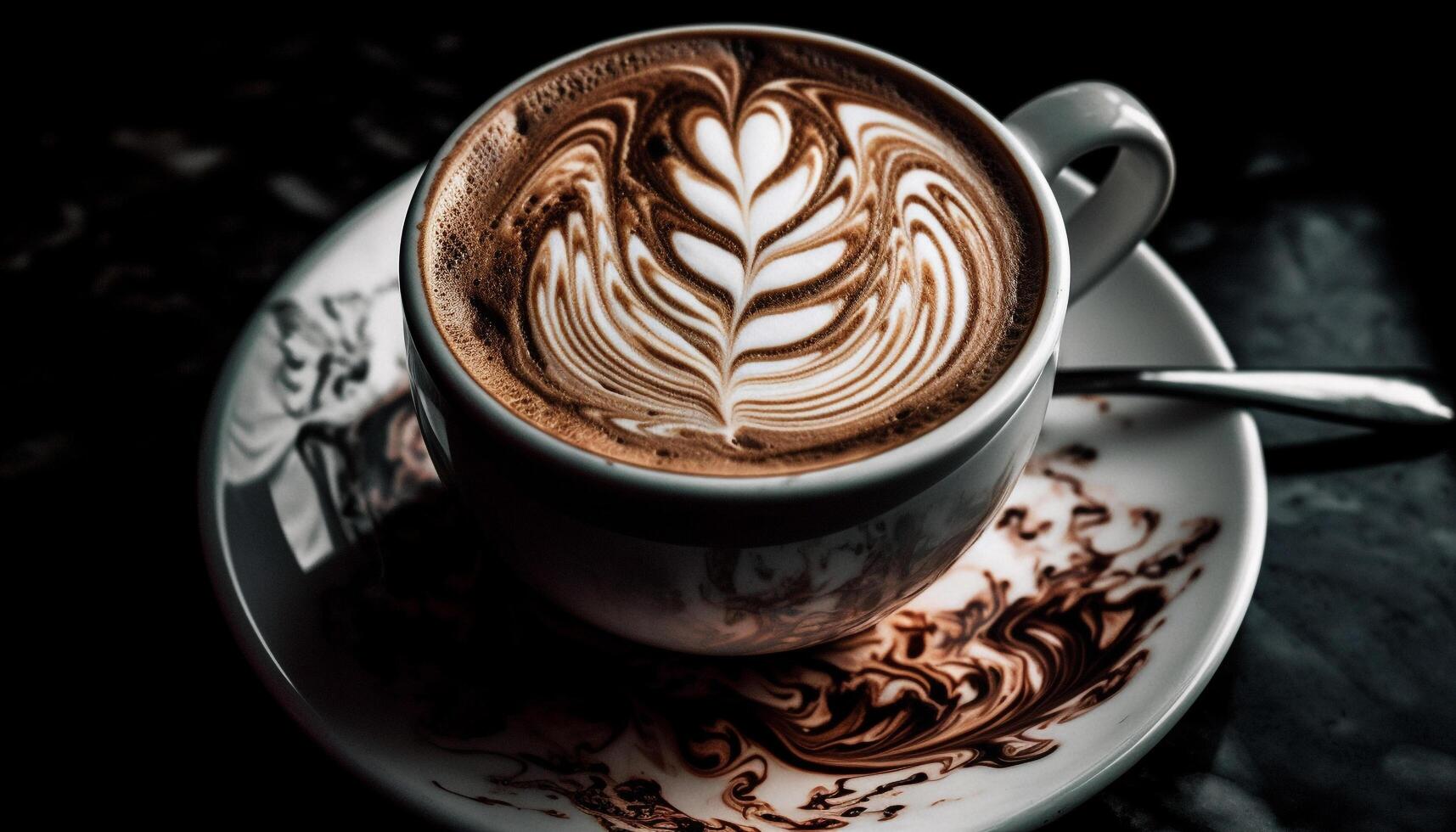 A frothy cappuccino in a heart shaped saucer generated by AI photo
