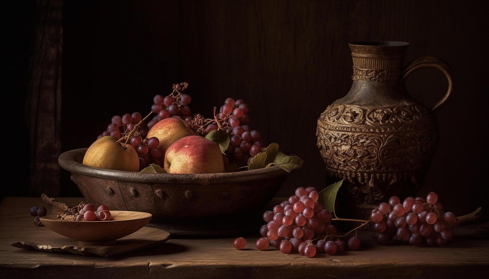 Rustic bowl of fresh autumn fruit decorates table generated by AI photo