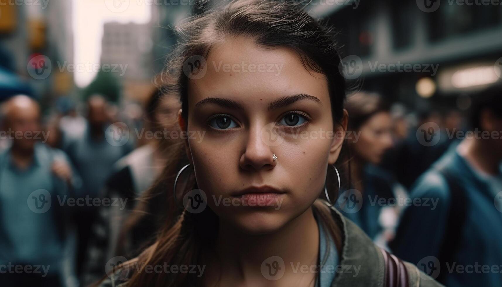 Confident young woman walking city streets at night generated by AI photo