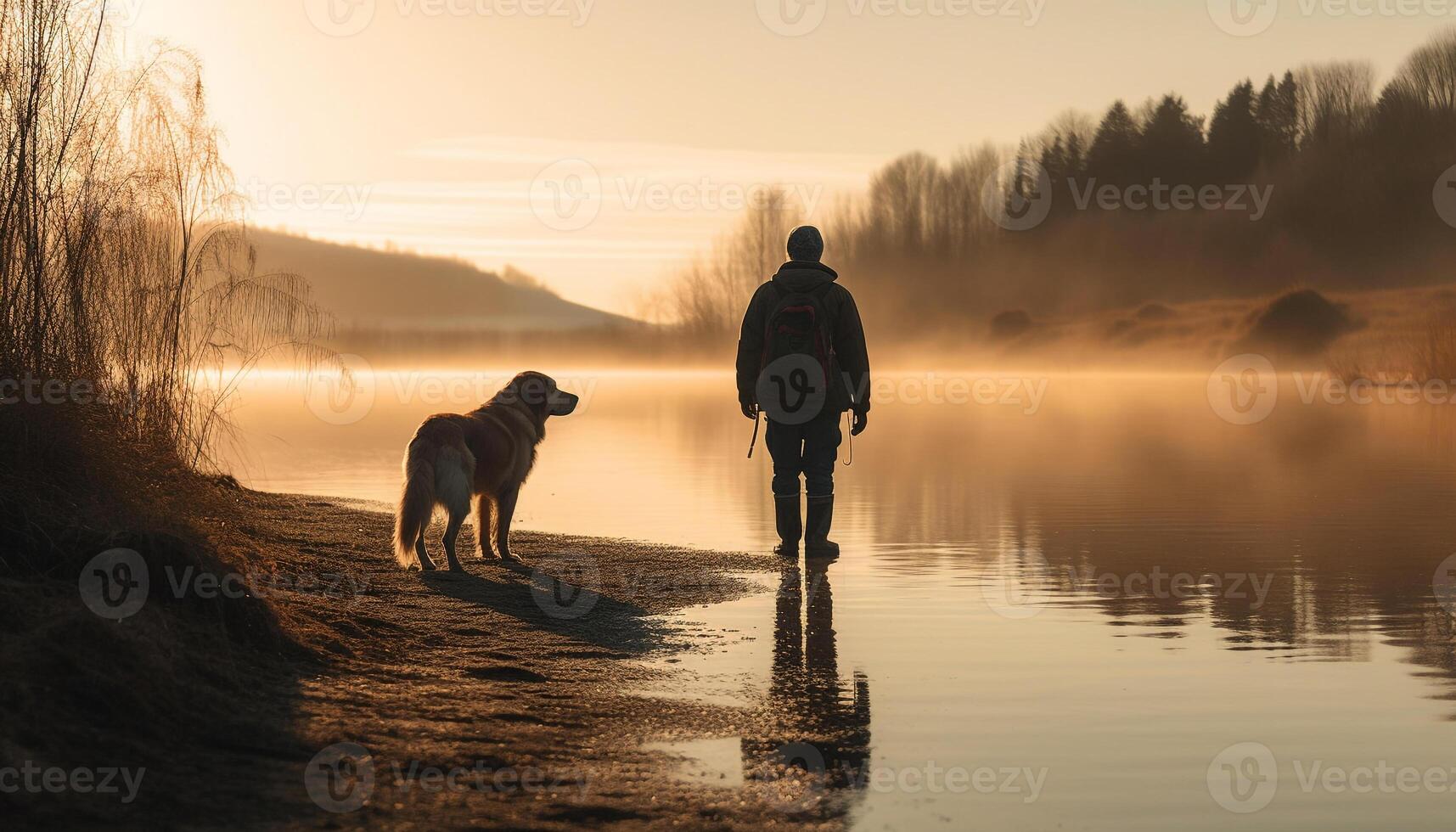 Silhouette of men and dog walking at dawn generated by AI photo