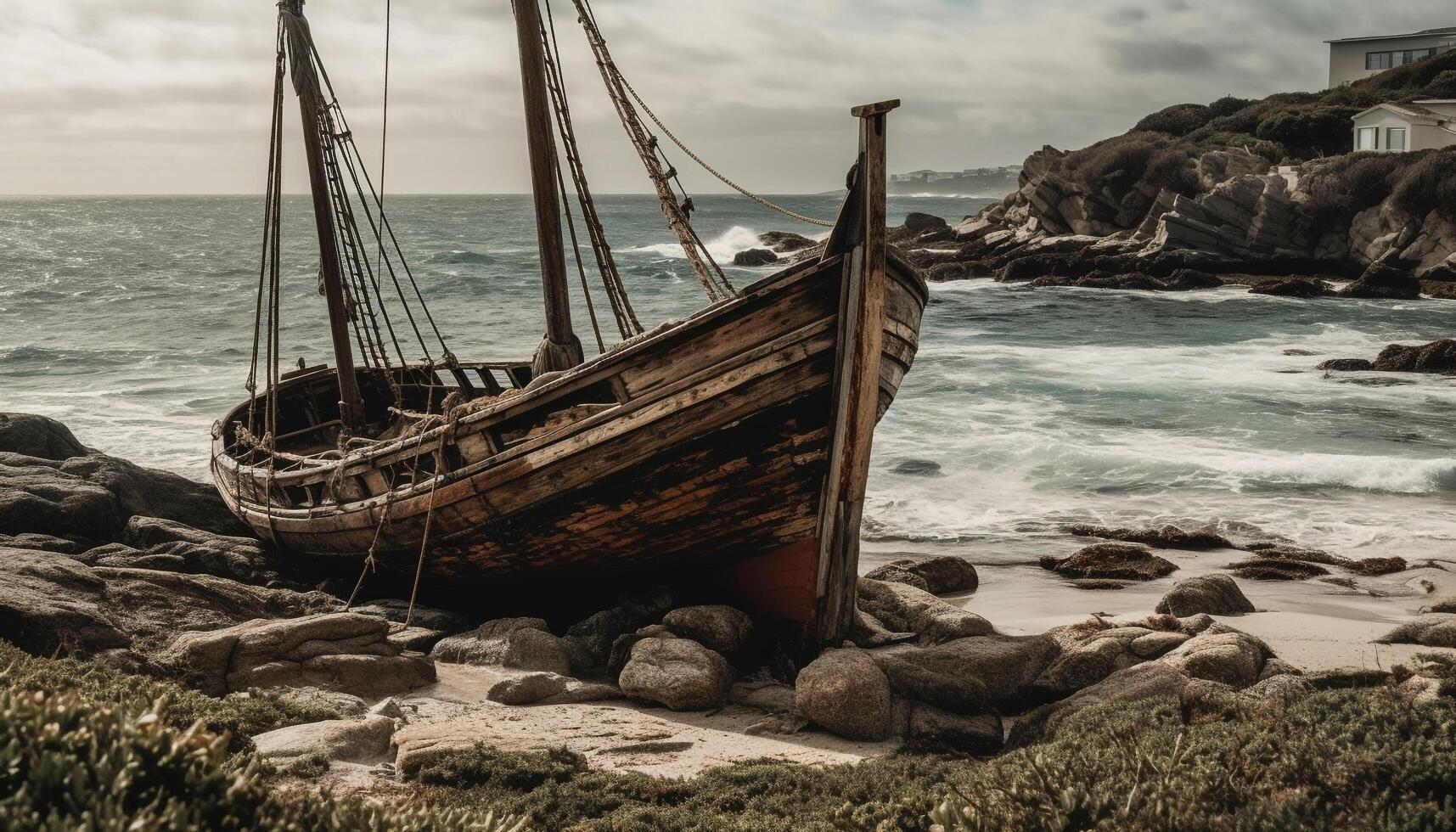 Sailing ship crashes on rocky African coastline generated by AI photo