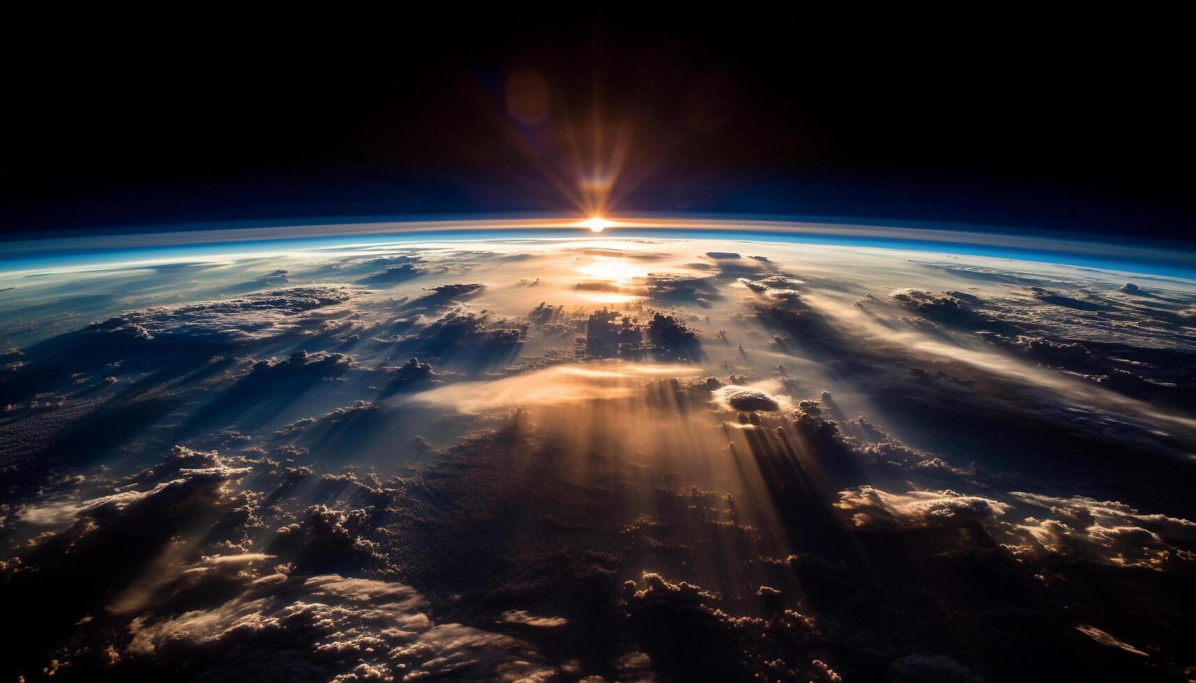 Glowing sun rises over mountain landscape, futuristic technology generated by AI photo