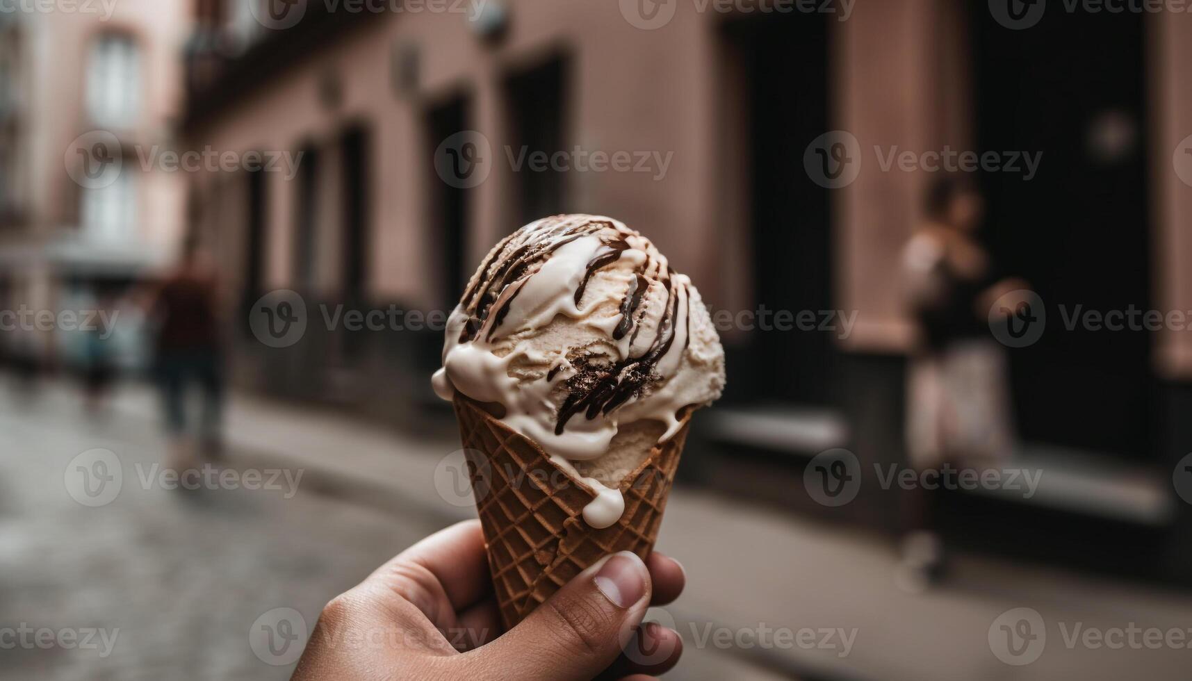 mano participación chocolate hielo crema cono, indulgencia generado por ai foto