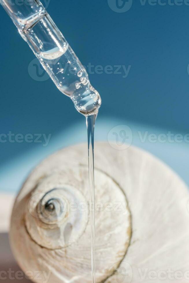 pipeta con transparente suero en el antecedentes de conchas foto