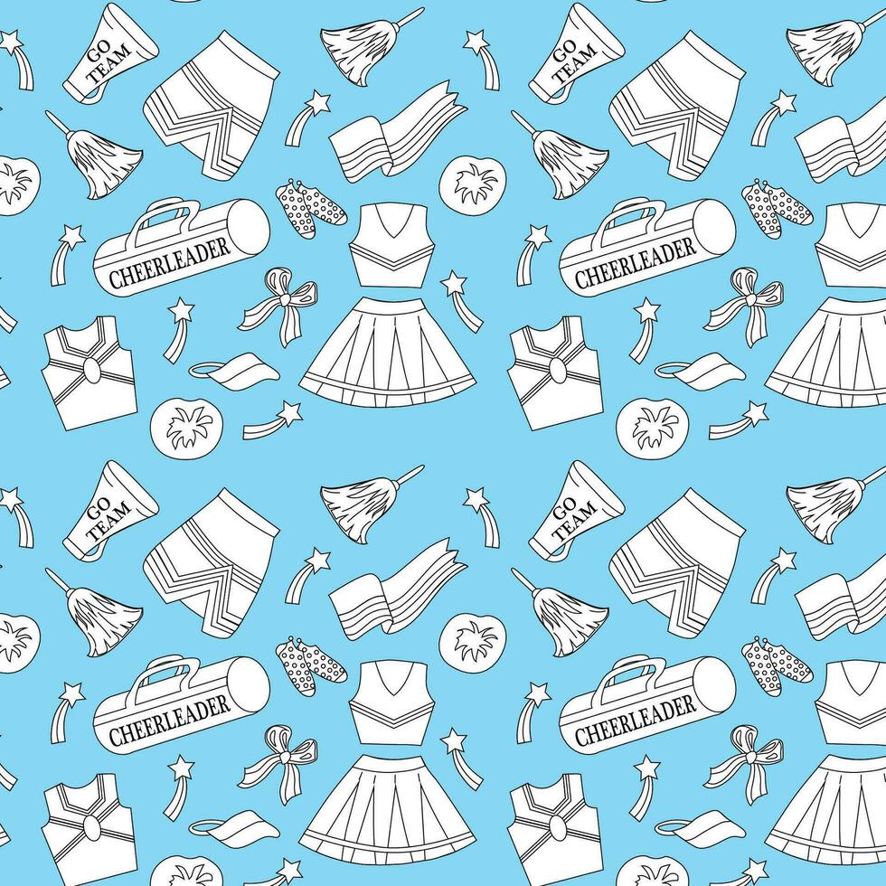Set of cheerleading elements,  banner, poster, vector illustration. Seamless pattern on blue background. Support football team.Megaphone, pompom, cheerleding uniform.