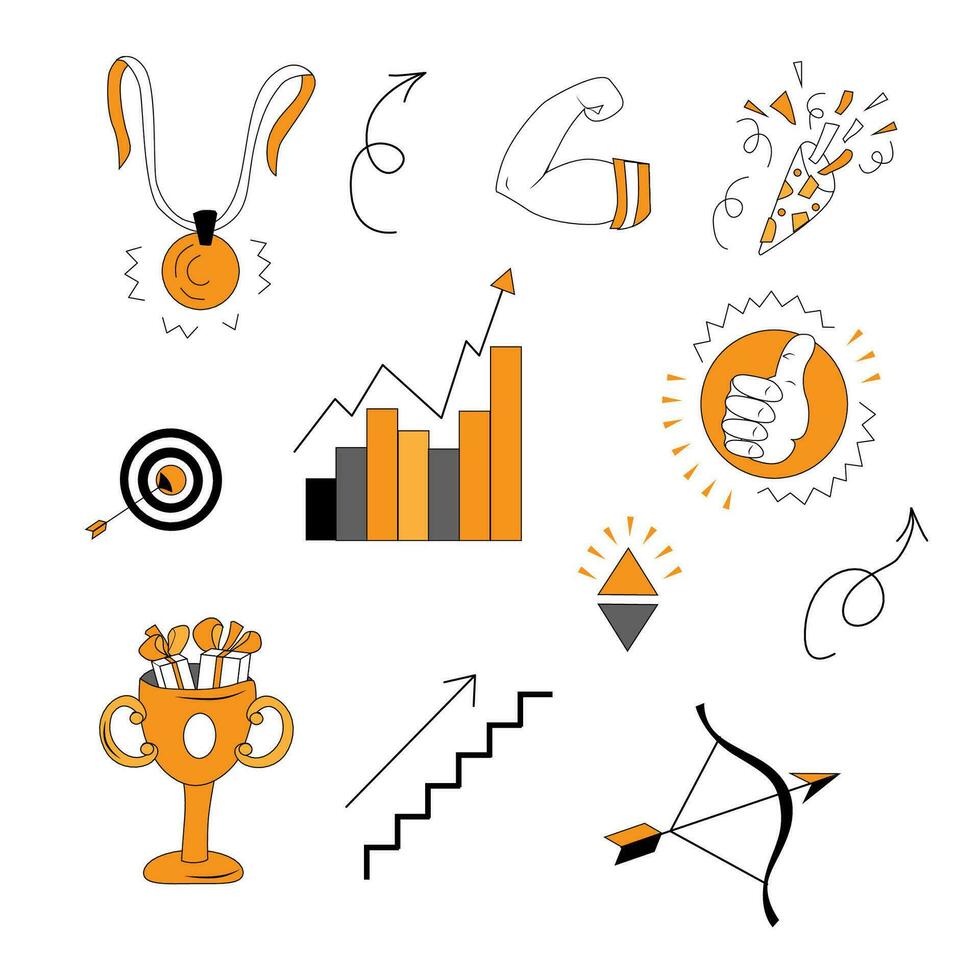 Stickers about Success theme. Doodle sketch. Vector illustration.