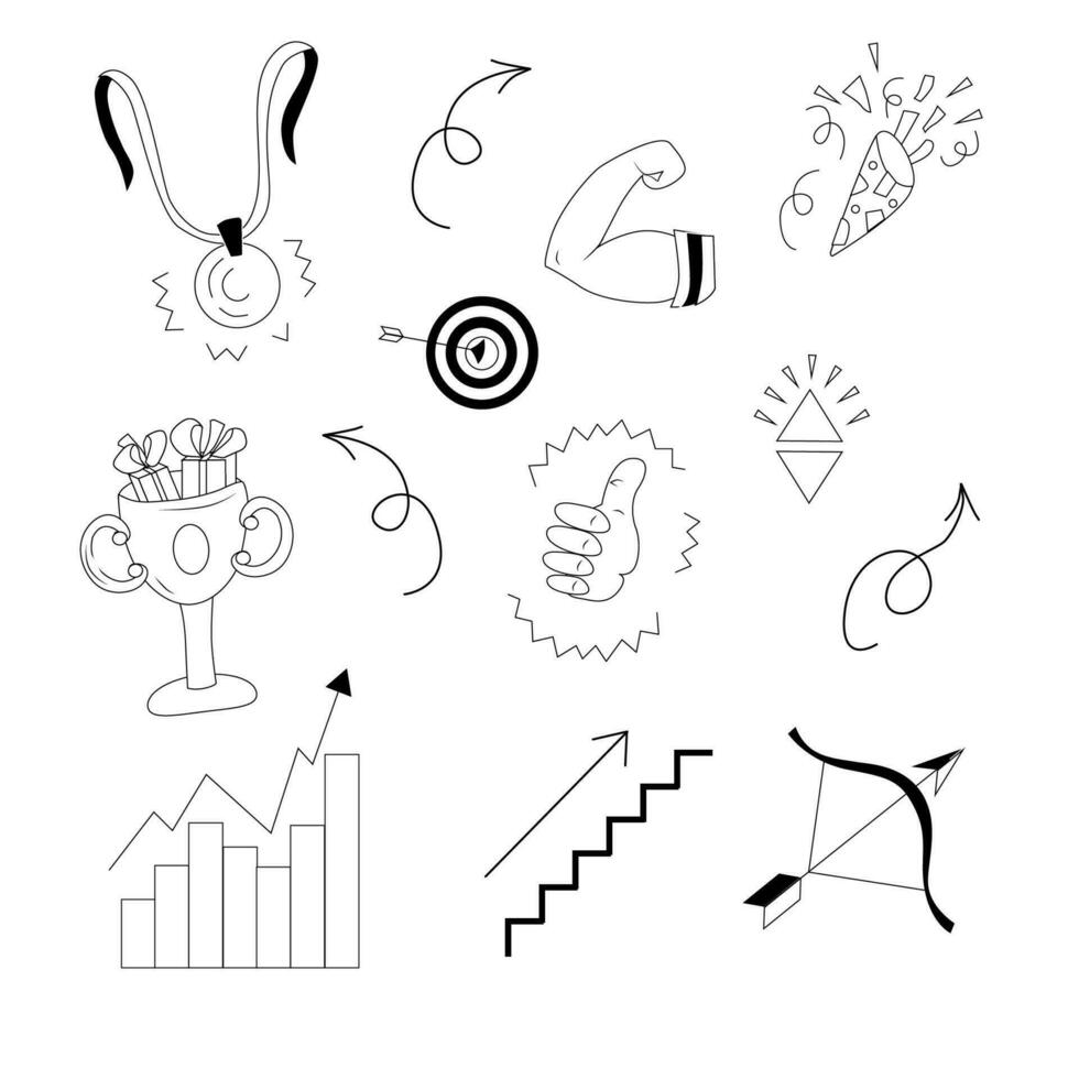 Stickers about Success theme. Doodle sketch. Vector illustration.