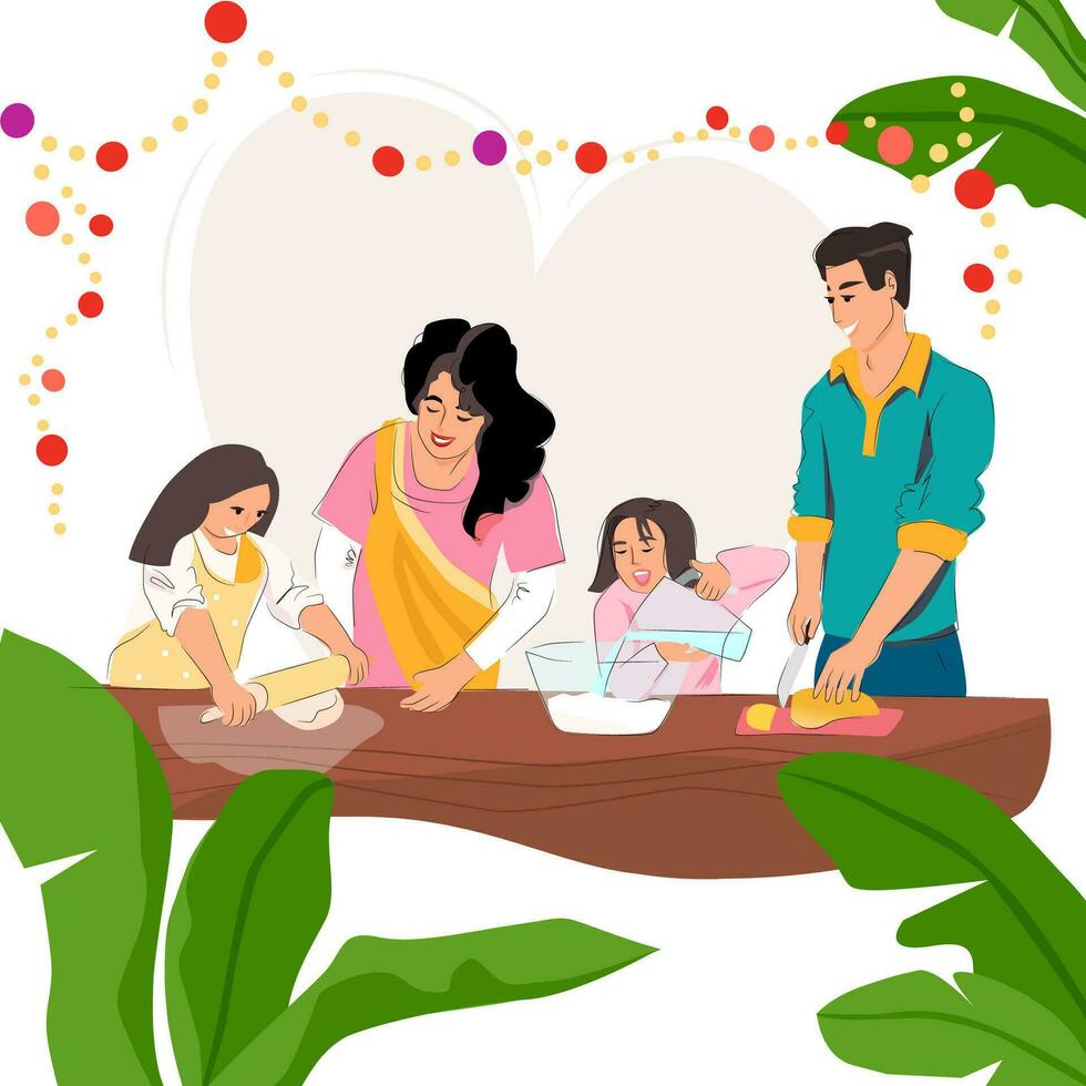 contento 2024. decorado plátano árbol para nuevo año. sonriente familia Cocinando nuevo año platos. India celebracion tradición. saludo tarjeta. vector