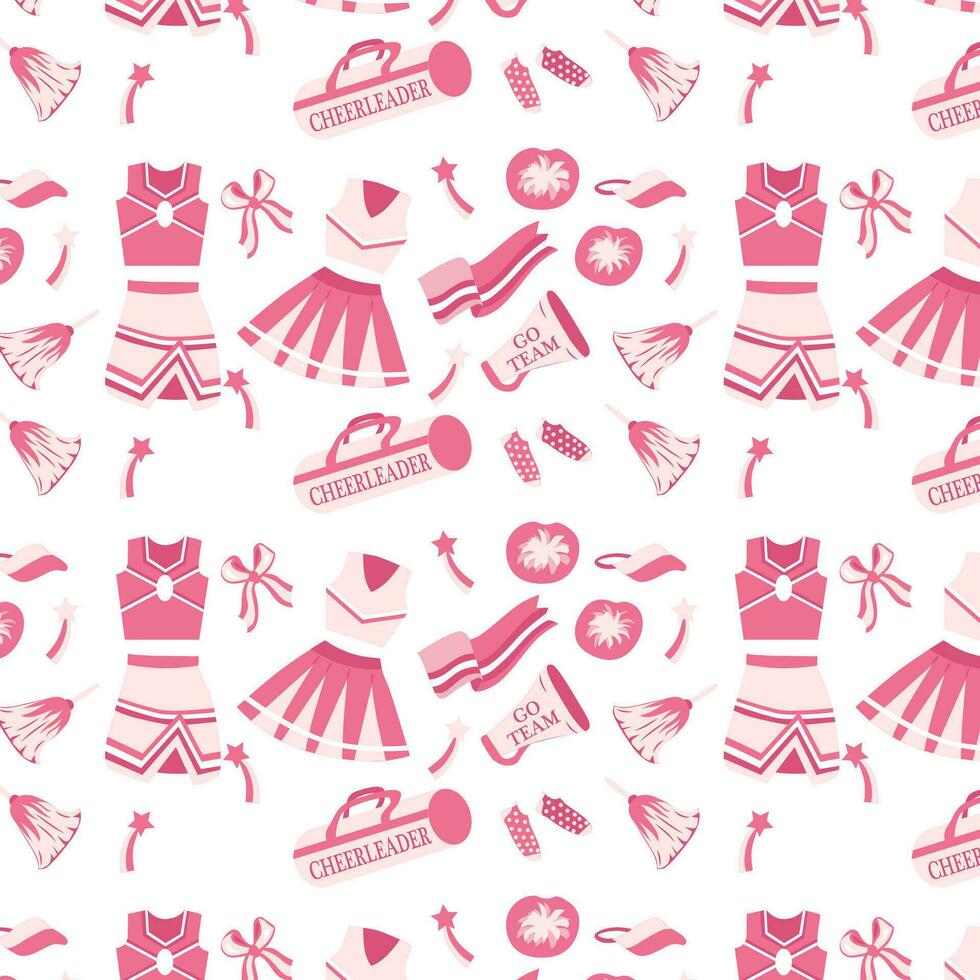 Set of cheerleading elements,  banner, poster, vector illustration. Support football team.Megaphone, pompom, cheerleding uniform. Seamless pattern.