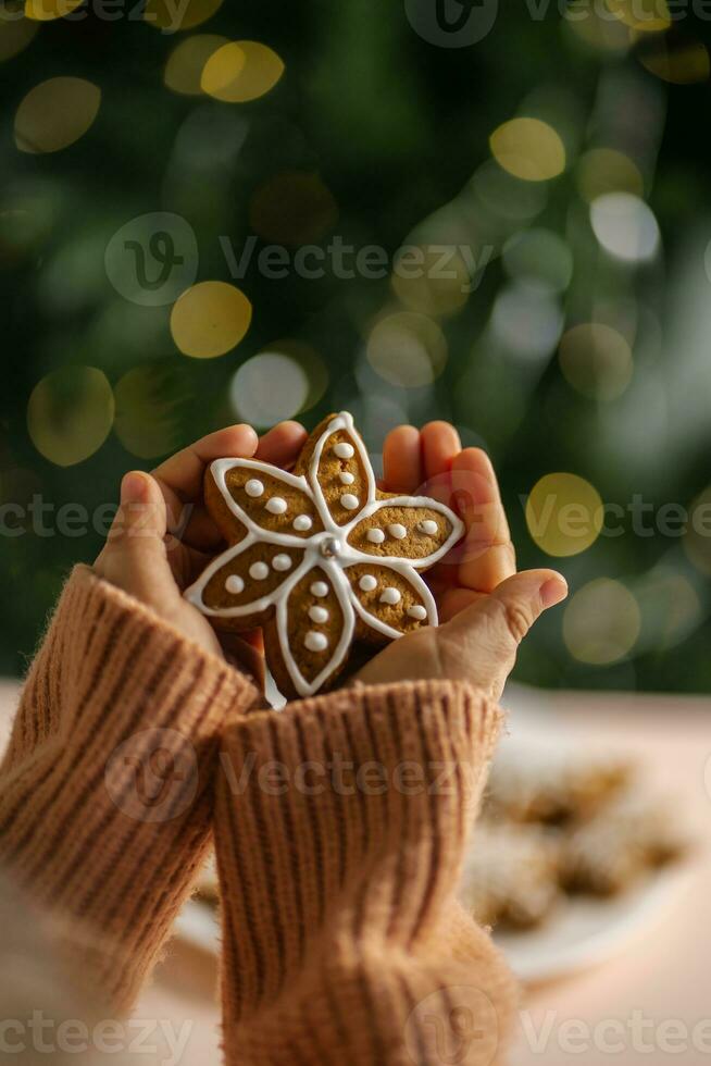 Ginger Christmas cookies in children's hands on the background of the Christmas tree. photo