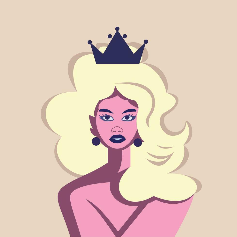 Drag queen flat style vector illustration, Male in female dress wearing a crown , transvestite , cross dresser , female impersonator vector image