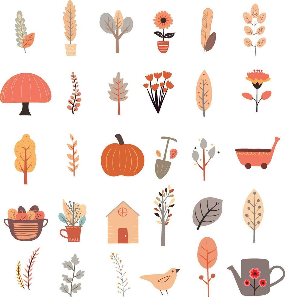 Autumn Cozy Gardening Design Elements Seasonal Inspiration. Fall Season Magic Cozy Nature Creative Graphics. vector