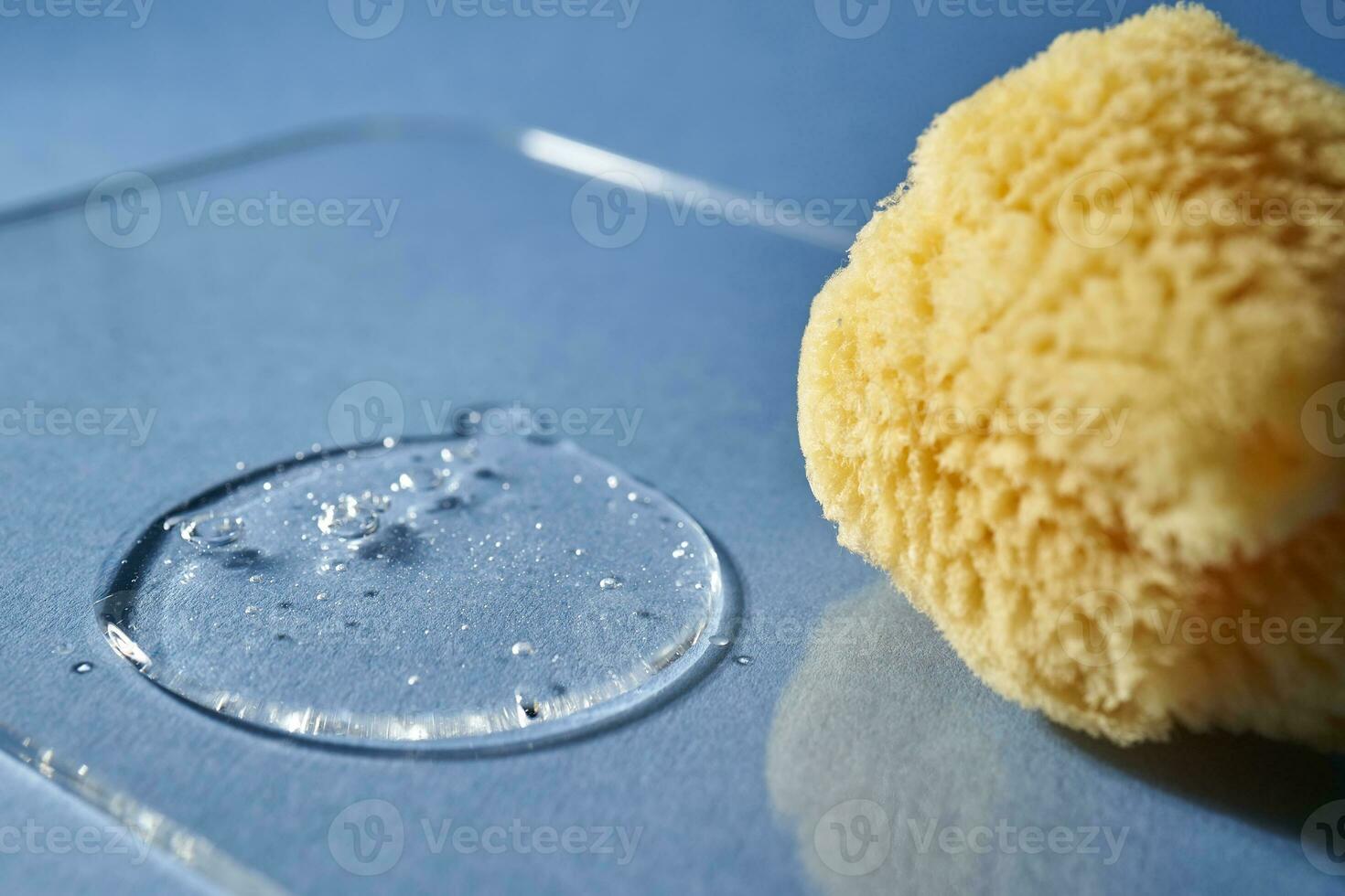 A natural sponge and a drop of gel or shampoo on a blue background. photo