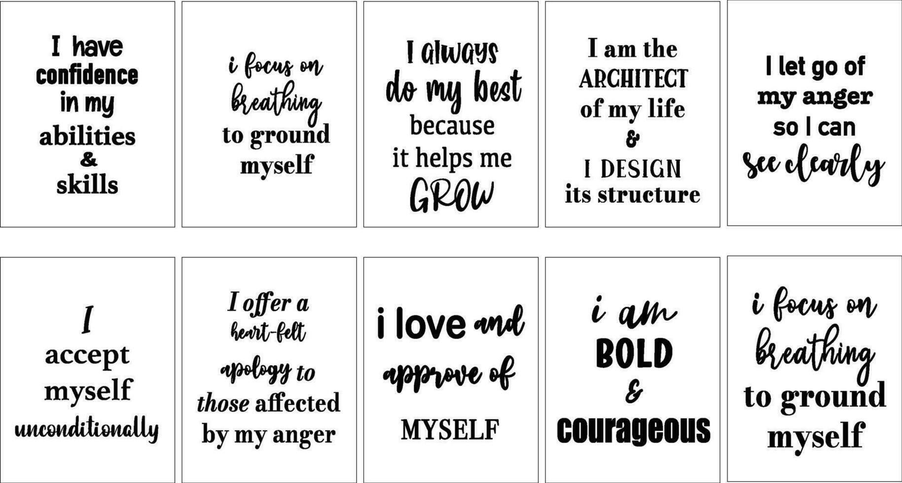 Set of 10 doodle confidence affirmation quotes inspiration typography bundle poster. vector