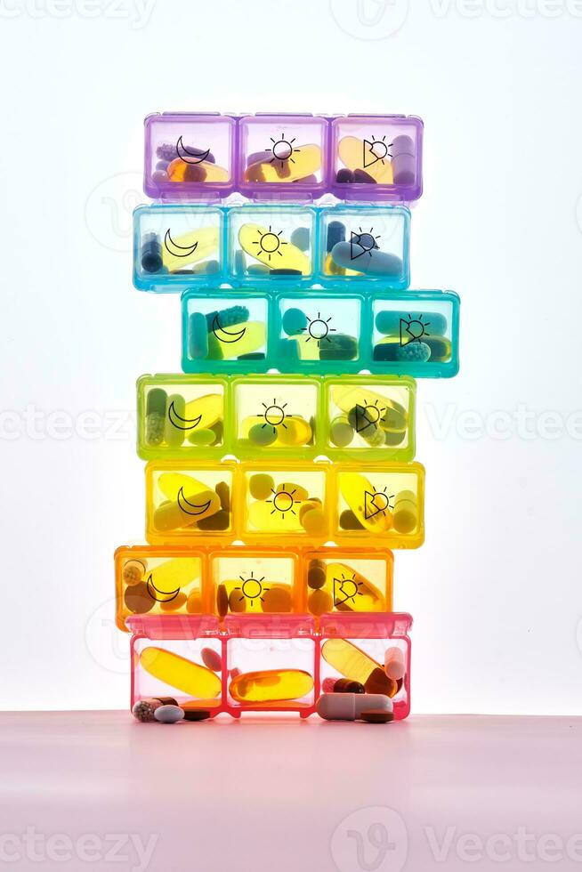 Bright pill box with different pills and vitamins. photo