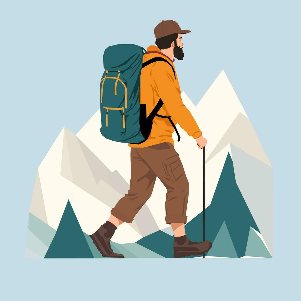 hombre excursionismo en montañas con equipo. vector ilustración.