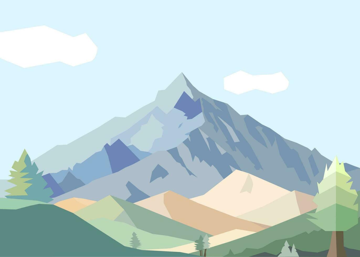 Panorama of spring summer beautiful nature, green grasslands meadow, forest, mountains on horizon background landscape vector illustration