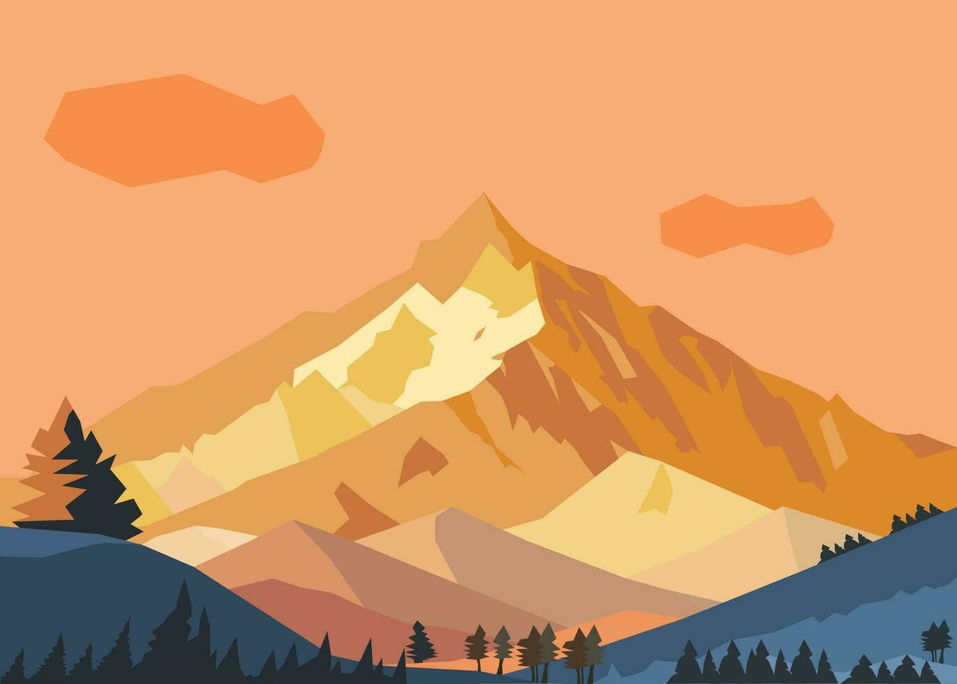 pacífico calentar puesta de sol amanecer terminado montañas y bosque vector ilustración. viajar, senderismo, al aire libre y aventuras concepto. utilizar como antecedentes o fondo de pantalla.