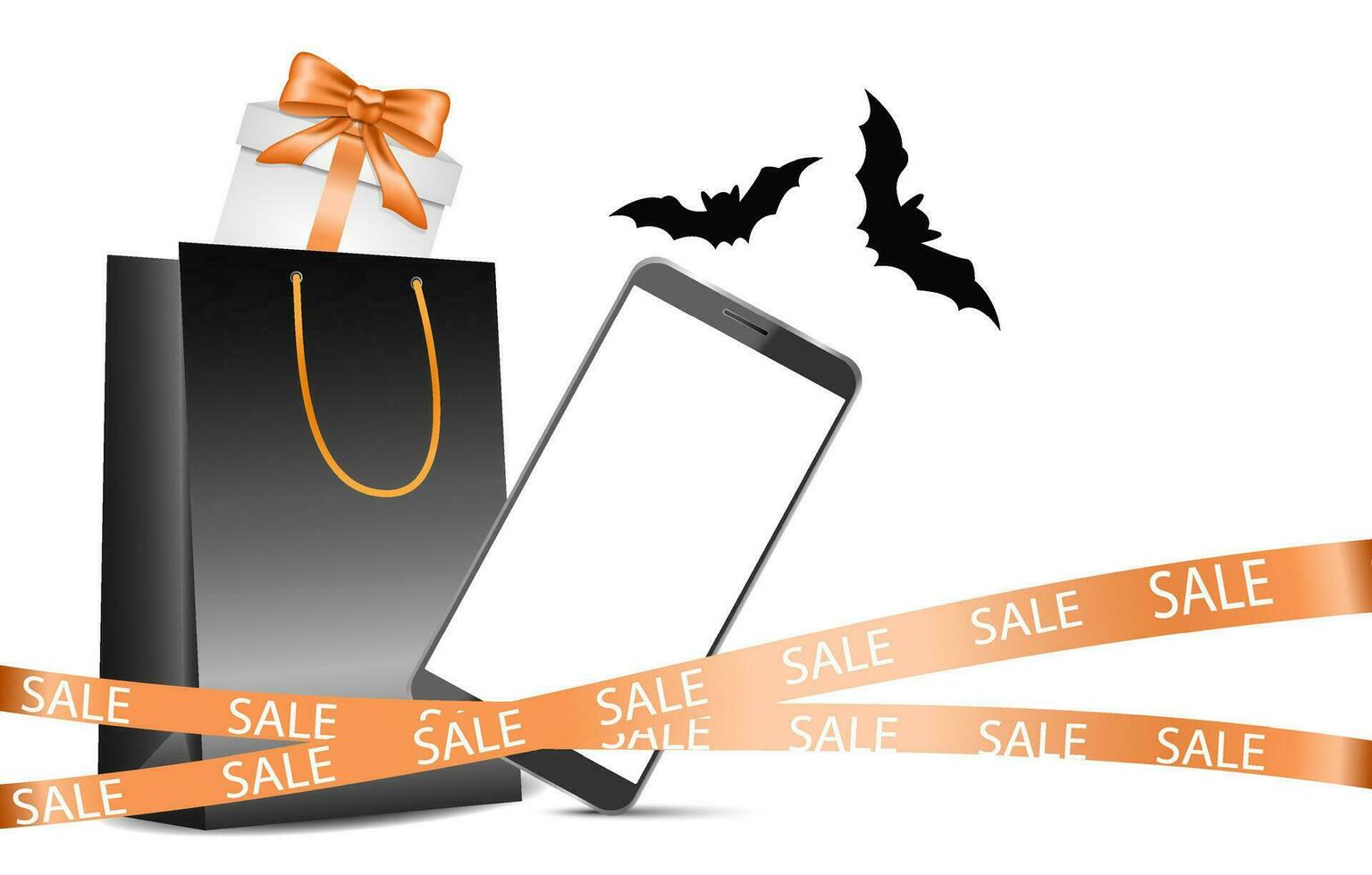 Gift black bag with gift box and bow. Mobile phone, smartphone with white screen, copy space, e-commerce, Halloween online sales, discounts. Banner for shops and mobile applications vector