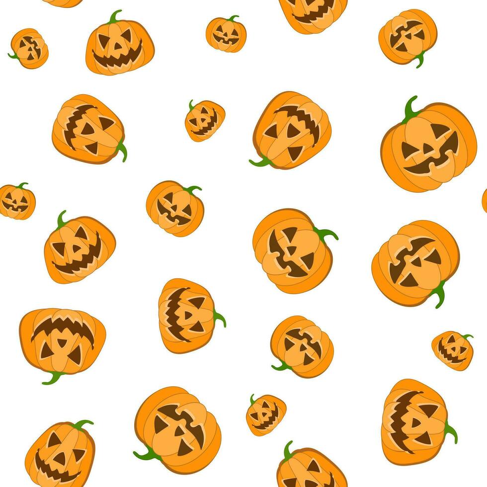 Halloween pumpkins seamless pattern. Flat orange pumpkins with carved scary smiling faces. Happy Halloween Boo. Vector illustration isolated on white and transparent background