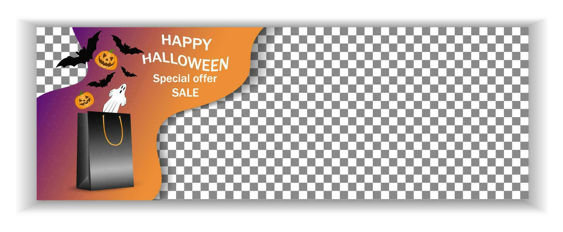 Horizontal wide banner, mockup, template for Halloween sale and advertising with place for text, copy space. With gift bag and bats vector