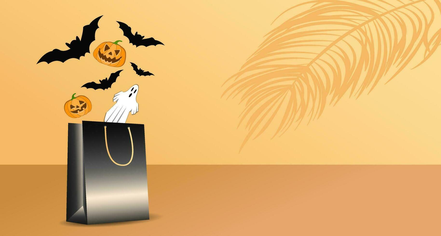 Podium for the presentation of goods on an orange studio background, with a gift bag for shopping, the concept of Halloween sales, bats and pumpkin lanterns, shopping, product advertising vector