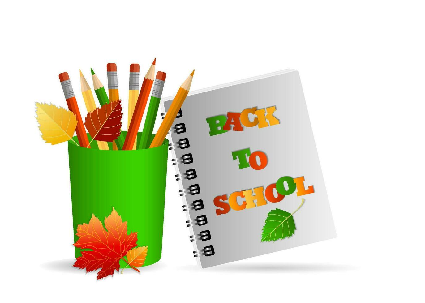 Concept of return to school, knowledge day, September 1, school supplies in a pocket, multi-colored bright stationery. On white background with shadow and copy space vector