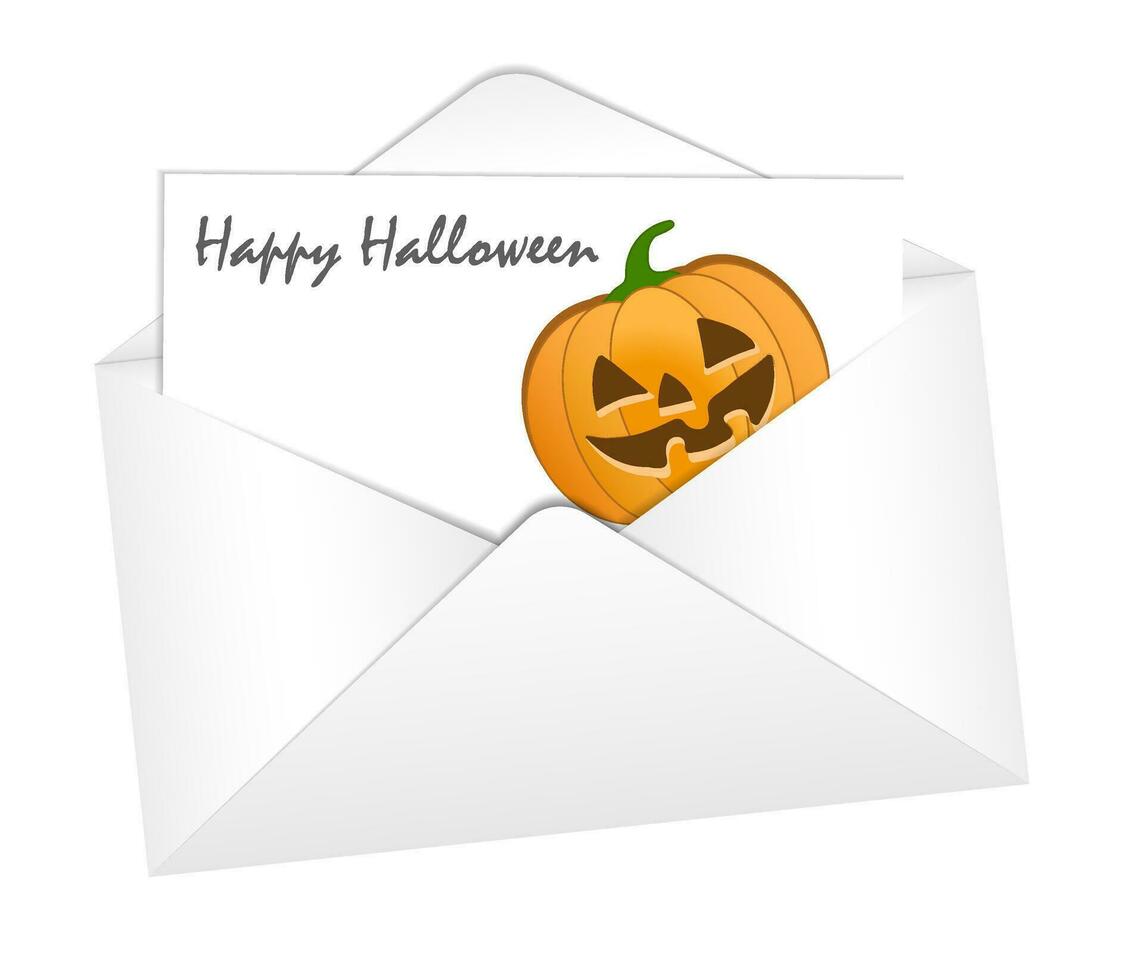 White envelope, letter, card with pumpkin jack o lantern, happy halloween wishes. Party invitation, flyer, booklet, letter, notice, sale advertisement. Place for text and copy space vector