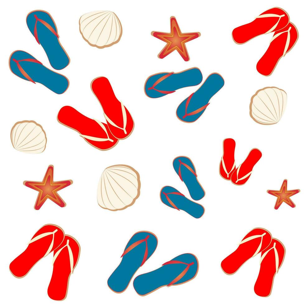 Vector seamless pattern on the theme of the beach, flip flops, shells, and starfish. Summer motifs on a white and transparent background. For textiles, prints, clothing, scrapbooking, banner