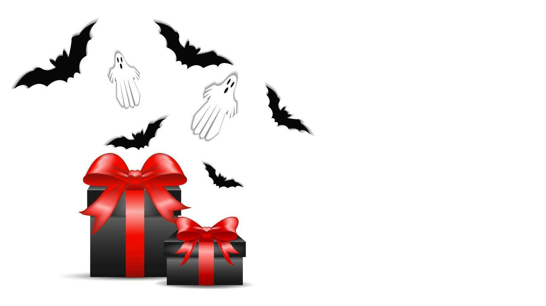 Banner, gift boxes in black with red bows, the concept of gifts and surprises for Halloween, bats and ghosts - the atmosphere of Halloween, on a white and transparent background vector