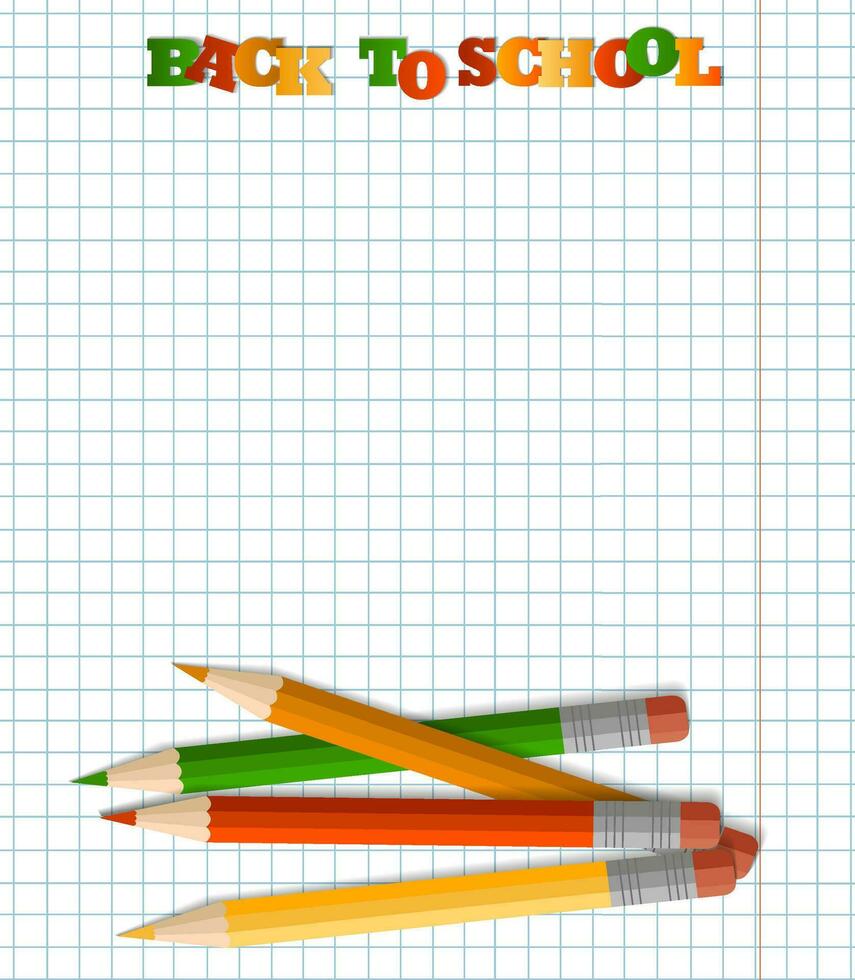 Colored pencils with an eraser, school supplies, stationery, a checkered notebook. The concept of schooling, back to school, first time to school vector