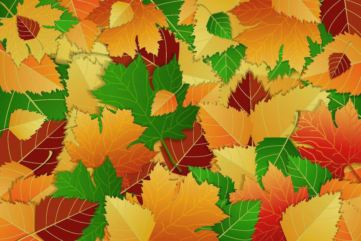 Vector background of colorful bright autumn leaves, red, yellow, orange and green colors. Maple and birch leaves