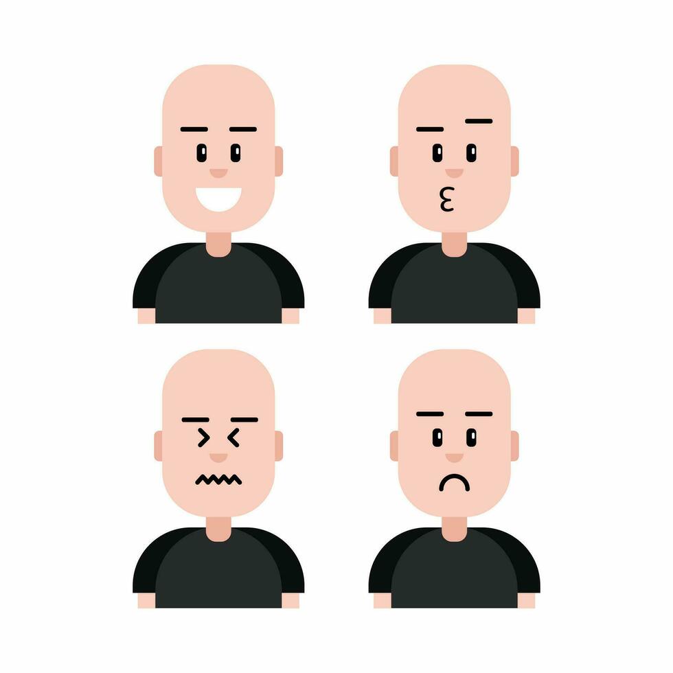 Bald man avatar. Collection of expressions, happy, sad, upset and kissing. vector