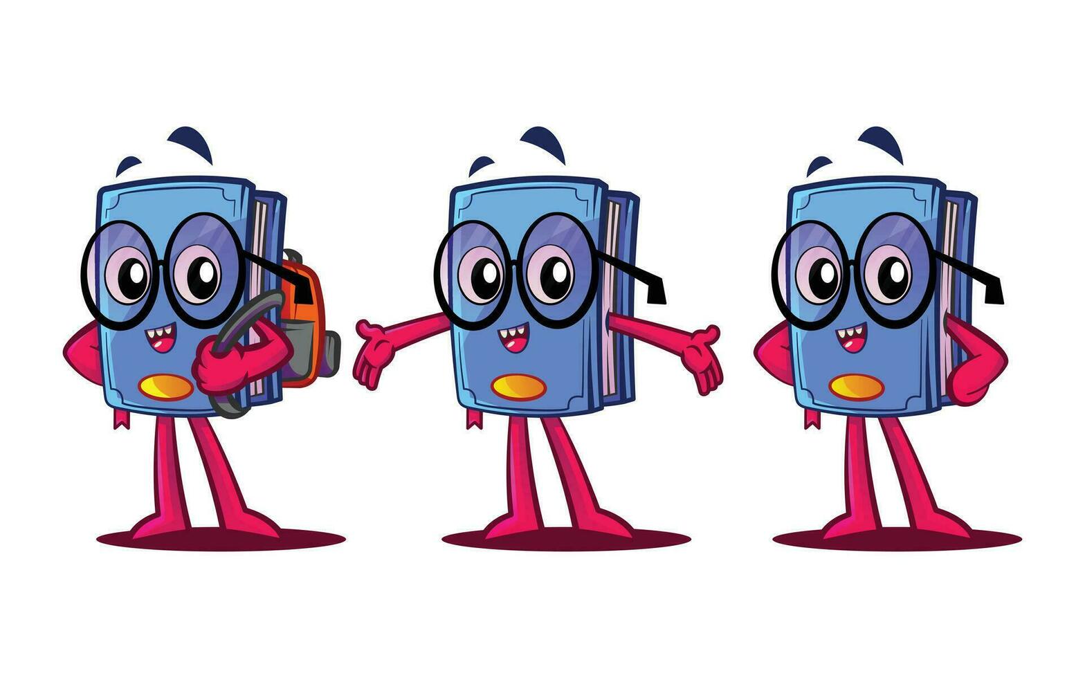 Happy books mascots. Vector illustration, three poses