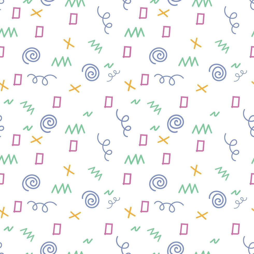 Set of seamless patterns with hand-drawn geometric shapes and vibrant colors, ideal for wallpapers and fun fabric prints vector