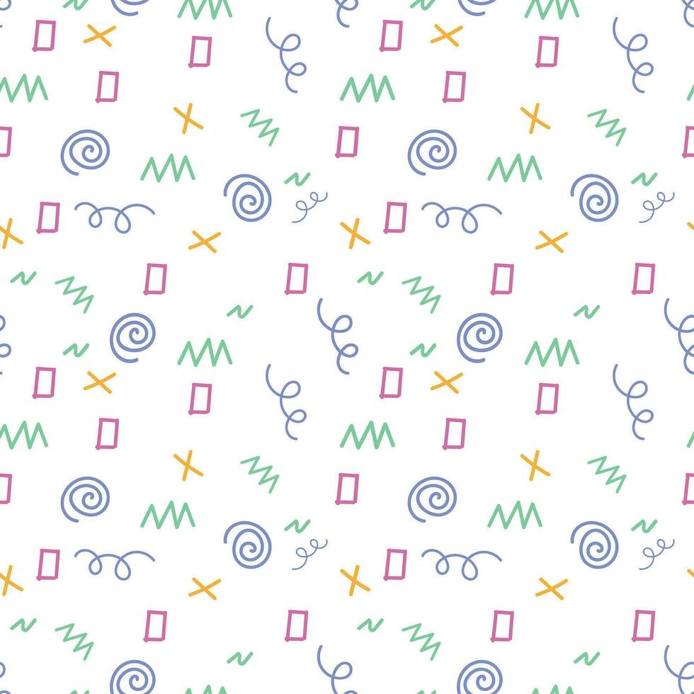 Set of seamless patterns with hand-drawn geometric shapes and vibrant colors, ideal for wallpapers and fun fabric prints vector