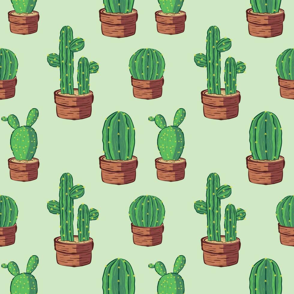 Set of seamless patterns of hand-drawn cactus vases, ideal for wallpaper and fabric print themes with floral motifs vector