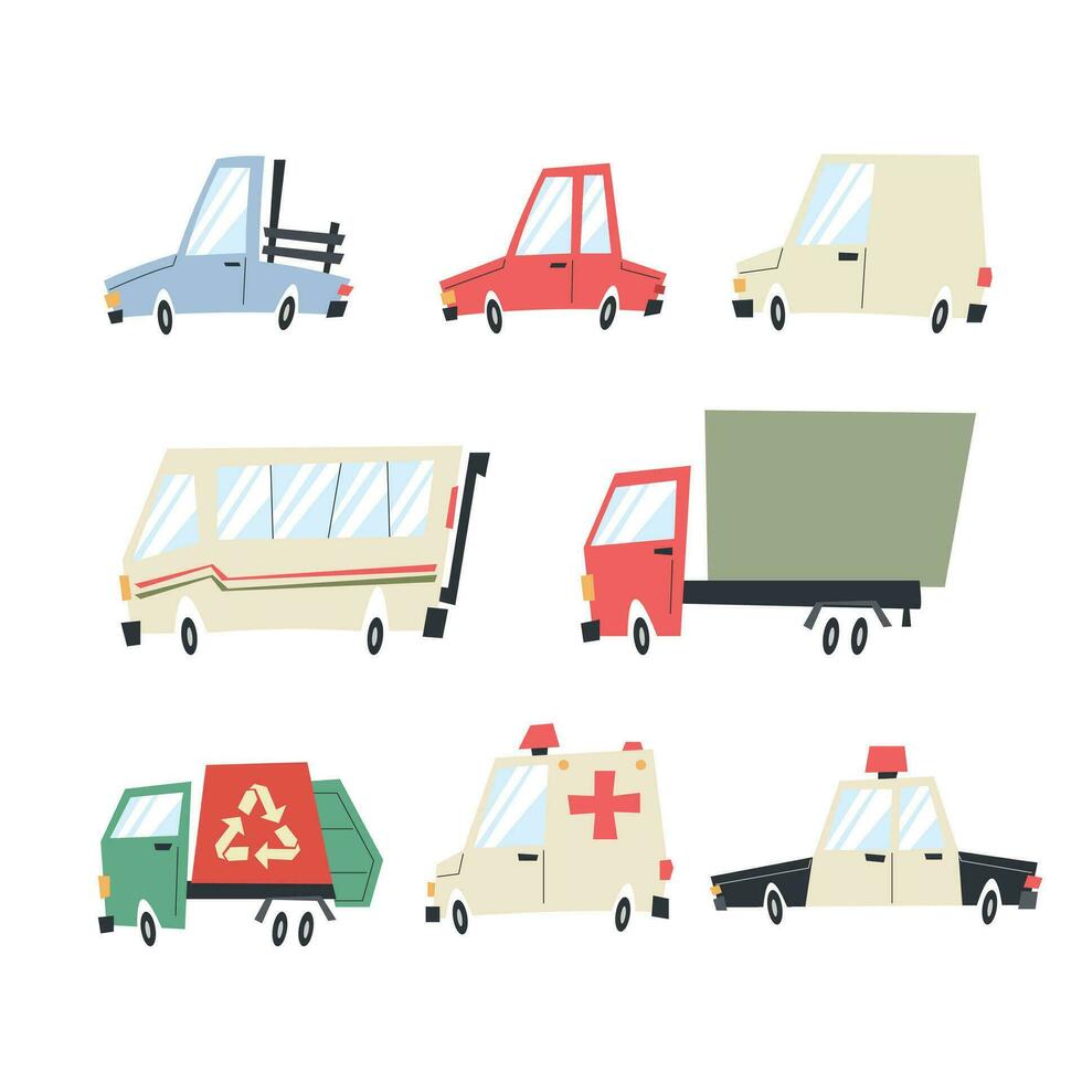 Fun vehicles in cartoon style, very fun trucks and cars, foolproof illustration vector