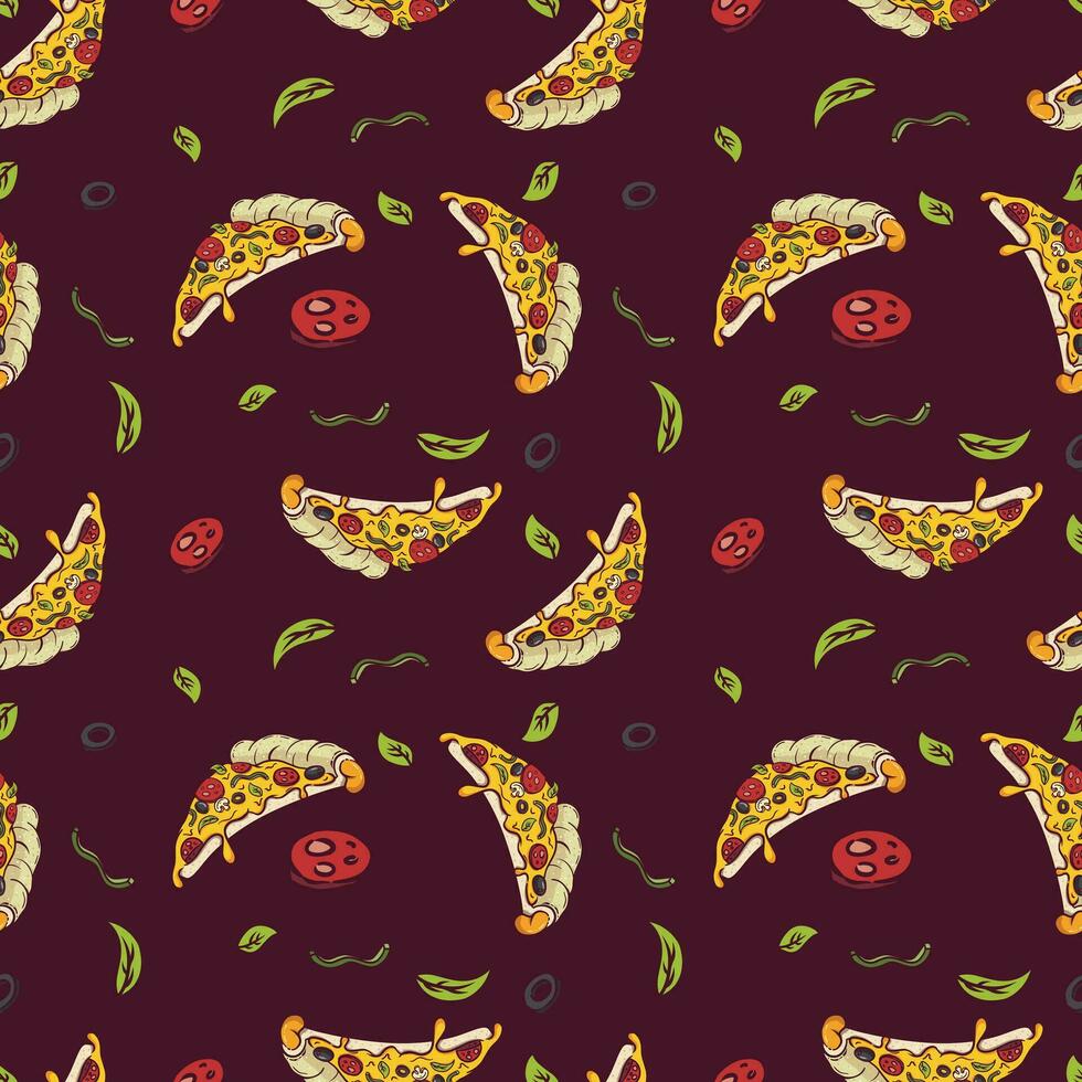 Set of seamless patterns of pizza slices with cheese, pepperoni, basil, mushroom, bell pepper and olives, ideal for food themed wallpapers and fabric prints vector